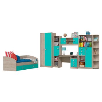 Сити Компоновка № 5 4-2001+6-9411+6-9413+6-0601+6-9416+6-9414+6-9415, дуб сонома/аква, ШхГхВ 205х85х74 + 351х60х211 см., сп.м. 800х2000, б/м, ун. сб.