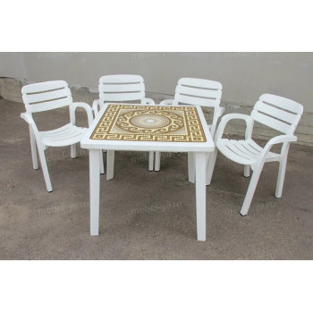 Комплект стол квадратный Греческий орнамент + кресло Далгория белый