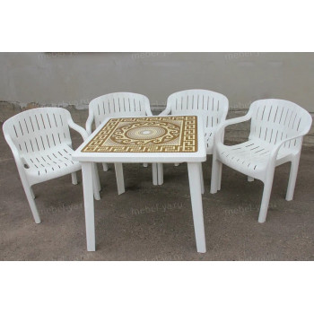 Комплект стол квадратный Греческий орнамент + кресло Летнее белый