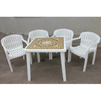 Комплект стол квадратный Греческий орнамент + кресло Летнее белый