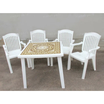 Комплект стол квадратный Греческий орнамент + кресло Премиум белый