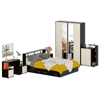 Камелия спальня № 10 Кровать с ящиками 1600 + Две тумбы + Стол косм. + Зеркало + Комод + Шкаф