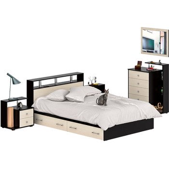 Камелия спальня № 12 Кровать с ящиками 1400 + Две тумбы + Комод + Зеркало Камелия спальня № 12 Кровать с ящиками 1400 + Две тумбы + Комод + Зеркало